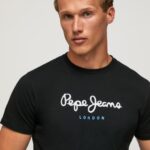 גברים 4N8XB1000 Pepe Jeans שָׁחוֹר חולצת טריקו כותנה לוגו מודפס