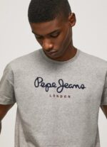 גברים 4N8XB1001 Pepe Jeans חוואר אפור חולצת טריקו כותנה לוגו מודפס