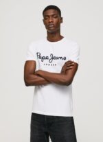 גברים 4N8XB1002 Pepe Jeans לבן חולצת טריקו מכותנה עם שרוולים קצרים