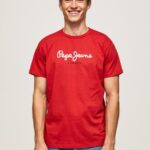 גברים 4N8XB1016 Pepe Jeans סטודיו אדום חולצת טריקו כותנה לוגו מודפס