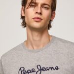גברים 4N8XB1017 Pepe Jeans חוואר אפור חולצת טריקו כותנה לוגו מודפס