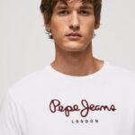 גברים 4N8XB1018 Pepe Jeans לבן חולצת טריקו כותנה לוגו מודפס