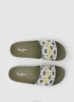 ⁦גברים 4N8XB1282 Pepe Jeans ירוק חאקי כפכפי חוף עם הדפס סליידר⁩ – תמונה ⁦2⁩