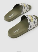 ⁦גברים 4N8XB1282 Pepe Jeans ירוק חאקי כפכפי חוף עם הדפס סליידר⁩ – תמונה ⁦4⁩