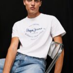 גברים 4N8XB921 Pepe Jeans לבן חולצת טריקו כותנה לוגו מודפס