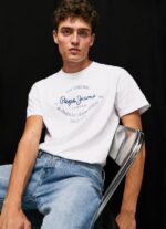 גברים 4N8XB921 Pepe Jeans לבן חולצת טריקו כותנה לוגו מודפס