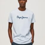 גברים 4N8XB933 Pepe Jeans כחול אקונומיקה חולצת טריקו כותנה לוגו מודפס