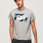 גברים 4N8XB957 Pepe Jeans חוואר אפור חולצת כותנה בהדפס דגלים