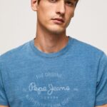 גברים 4N8XB967 Pepe Jeans כחול בהיר חולצת טריקו כותנה לוגו מודפס