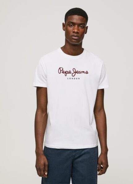 גברים 4N8XB998 Pepe Jeans לבן חולצת טריקו כותנה לוגו מודפס