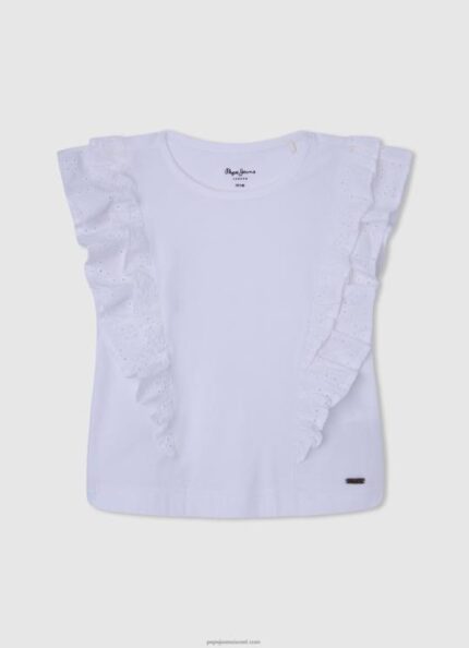 ילדה 4N8XB1482 Pepe Jeans לבן חולצת טריקו עם סלסולים כפולים