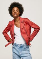 ⁦נשים 4N8XB105 Pepe Jeans סטודיו אדום מעיל אופנוענים מעור טלה⁩ – תמונה ⁦3⁩