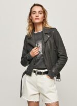 ⁦נשים 4N8XB114 Pepe Jeans שָׁחוֹר מעיל אופנוענים מעור טלה⁩ – תמונה ⁦2⁩