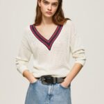 נשים 4N8XB228 Pepe Jeans לבן ג'רסי קרפ עם צווארון V