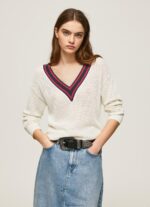נשים 4N8XB228 Pepe Jeans לבן ג'רסי קרפ עם צווארון V