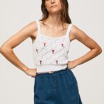 נשים 4N8XB232 Pepe Jeans לבן חלק עליון רקום מכותנה פרח