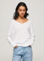 ⁦נשים 4N8XB240 Pepe Jeans לבן ג'רסי בגזרה רגועה בקו צוואר V⁩ – תמונה ⁦3⁩