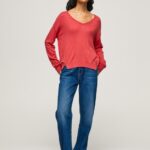 נשים 4N8XB258 Pepe Jeans סטודיו אדום ג'רסי בגזרה רגועה בקו צוואר V