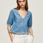 נשים 4N8XB369 Pepe Jeans כְּחוֹל חולצת ג'ינס עם צווארון V