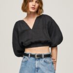 נשים 4N8XB374 Pepe Jeans שָׁחוֹר חלק עליון עם צווארון V