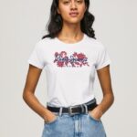 נשים 4N8XB385 Pepe Jeans לבן חולצת לייקרה בהדפס לוגו