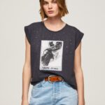 נשים 4N8XB388 Pepe Jeans שטוף שחור חולצה בהדפס תמונות