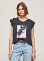 נשים 4N8XB388 Pepe Jeans שטוף שחור חולצה בהדפס תמונות