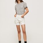 נשים 4N8XB391 Pepe Jeans שָׁחוֹר חולצת טריקו מפוספסת עם שרוולים מקופלים