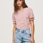 נשים 4N8XB392 Pepe Jeans סומק כהה חולצת טריקו מפוספסת עם שרוולים מקופלים
