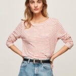 נשים 4N8XB395 Pepe Jeans סטודיו אדום חולצת טריקו עם שרוולים ארוכים עם פסים