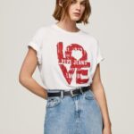נשים 4N8XB396 Pepe Jeans לבן חולצה בהדפס לוגו אוהב