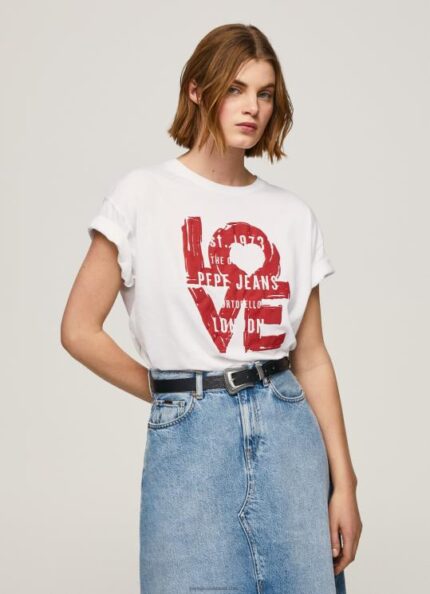 נשים 4N8XB396 Pepe Jeans לבן חולצה בהדפס לוגו אוהב