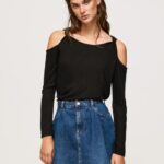 נשים 4N8XB399 Pepe Jeans שָׁחוֹר חולצת טי עם שרוולים ארוכים עם רצועות