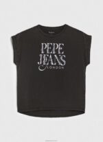 ⁦נשים 4N8XB403 Pepe Jeans שטוף שחור חולצת טי כותנה לוגו פרחוני⁩ – תמונה ⁦5⁩