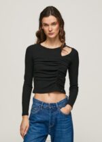 נשים 4N8XB405 Pepe Jeans שָׁחוֹר חולצת טריקו אסימטרית עם שרוולים ארוכים