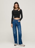 ⁦נשים 4N8XB405 Pepe Jeans שָׁחוֹר חולצת טריקו אסימטרית עם שרוולים ארוכים⁩ – תמונה ⁦4⁩