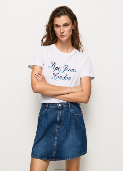 נשים 4N8XB411 Pepe Jeans לבן חולצת טריקו כותנה לוגו מודפס