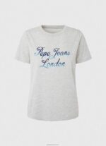 ⁦נשים 4N8XB412 Pepe Jeans חוואר אפור חולצת טריקו כותנה לוגו מודפס⁩ – תמונה ⁦5⁩