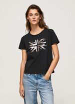 ⁦נשים 4N8XB414 Pepe Jeans שָׁחוֹר חולצת טי מכותנה לוגו מתכתי⁩ – תמונה ⁦2⁩