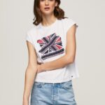 נשים 4N8XB415 Pepe Jeans לבן חולצת טריקו מודפסת של יוניון ג'ק