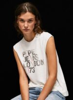 נשים 4N8XB418 Pepe Jeans לבן חולצת טי לוגו עם שרוולים חור