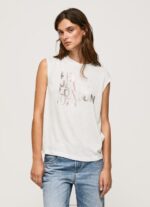⁦נשים 4N8XB418 Pepe Jeans לבן חולצת טי לוגו עם שרוולים חור⁩ – תמונה ⁦3⁩