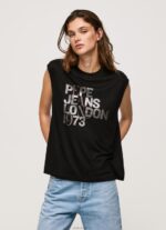 ⁦נשים 4N8XB419 Pepe Jeans שָׁחוֹר חולצת טי לוגו עם שרוולים חור⁩ – תמונה ⁦2⁩
