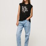 נשים 4N8XB419 Pepe Jeans שָׁחוֹר חולצת טי לוגו עם שרוולים חור