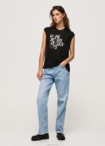 נשים 4N8XB419 Pepe Jeans שָׁחוֹר חולצת טי לוגו עם שרוולים חור
