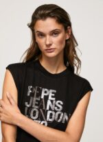 ⁦נשים 4N8XB419 Pepe Jeans שָׁחוֹר חולצת טי לוגו עם שרוולים חור⁩ – תמונה ⁦3⁩