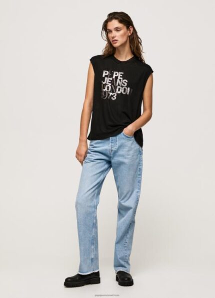נשים 4N8XB419 Pepe Jeans שָׁחוֹר חולצת טי לוגו עם שרוולים חור
