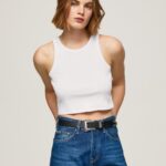 נשים 4N8XB423 Pepe Jeans לבן חולצת טריקו עם שרוולים מצולעים