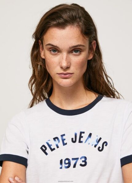 נשים 4N8XB424 Pepe Jeans לבן חולצת טריקו כותנה לוגו מודפס
