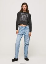⁦נשים 4N8XB427 Pepe Jeans שטוף שחור חולצת טריקו מודפסת עם שרוולים ארוכים⁩ – תמונה ⁦2⁩